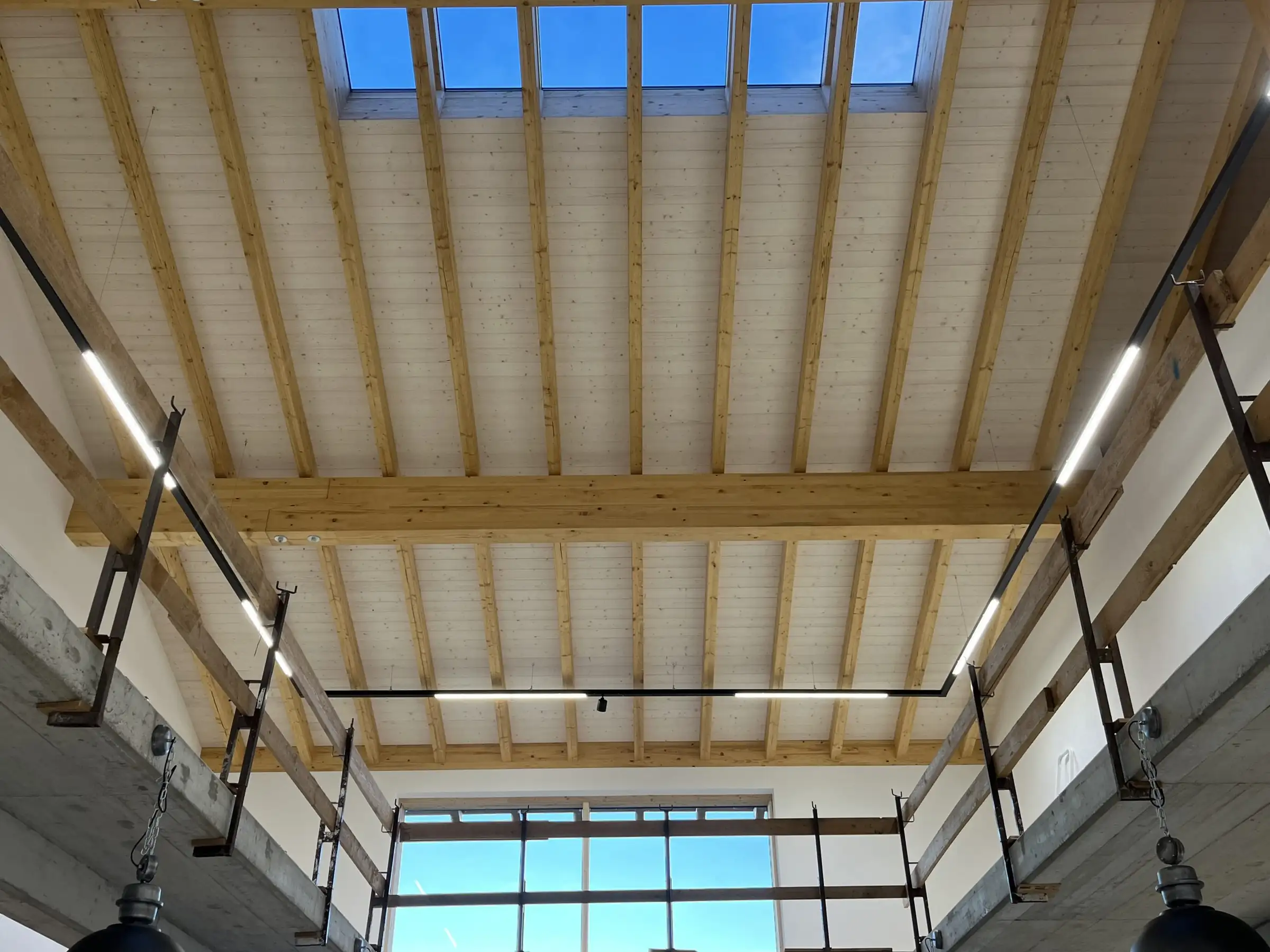 Lichtbänder und Installation unter einer Holzdecke mit Oberlichtern